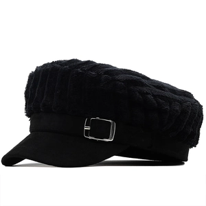 Stylish black plush newsboy cap for women with textured stripes and silver buckle detail