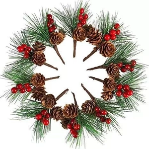 Set of 12 artificial Christmas pine picks with green needles, brown cones and red berries