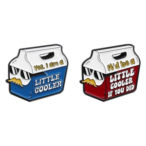 Funny cartoon cooler pins with sunglasses and humorous text on polished metal badge