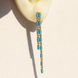 Elegant gold long tassel earrings with turquoise stones and clear cubic zirconia accents