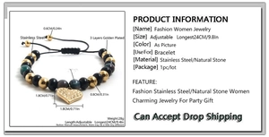 Detail showing natural stone bracelet dimensions with adjustable heart charm and gold beads