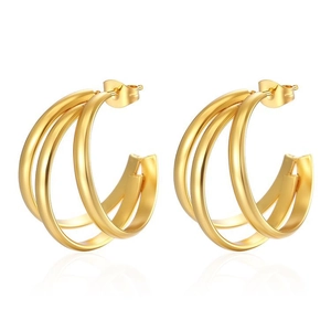 Detailed close-up of polished golden C-shaped multi-hoop earrings on a clean white background