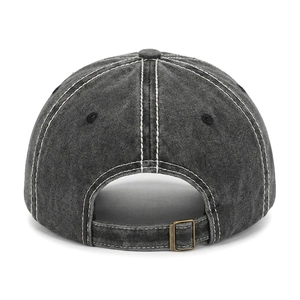 Detail of gray washed cotton baseball cap featuring contrast stitching and adjustable metal buckle
