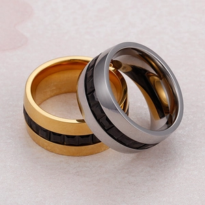 Fashionable gold and silver stainless steel rings with black square zircon stones