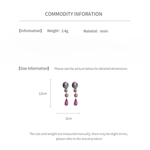 Detailed chart showing 3.4g resin vintage portrait earrings with 12cm length and 3cm width