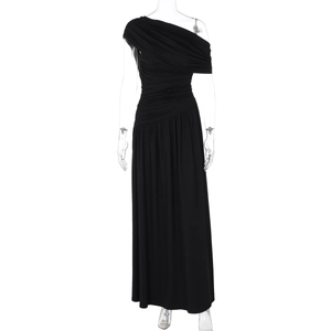 Detail of elegant black one-shoulder dress featuring pleated waist and side ruching