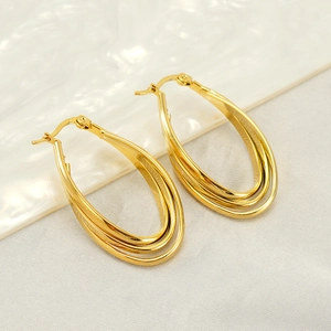 Three-layer gold-plated stainless steel oval hoop earrings with high polish finish