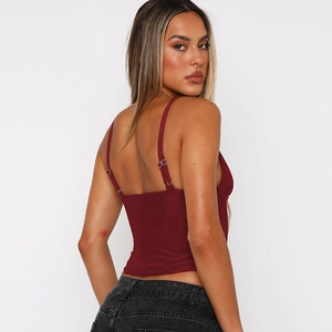 Detail view of the back of a burgundy slim fit camisole with adjustable straps