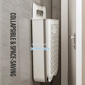 Wall-mounted foldable laundry basket in white and grey, space-saving storage solution