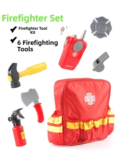 Detailed view of kids firefighter role-play set with red backpack and rescue tools