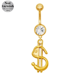 Détail d'un piercing de nombril en acier chirurgical 316L doré avec pendentif dollar