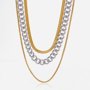 Minimalist 18K Gold Plated Stainless Steel Three Layer Necklace For Women Mixed Metal Tones Snake Curb Chain Jewelry Gift