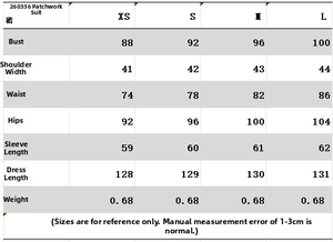 Detailed size chart for patchwork blazer maxi dress showing bust and length measurements