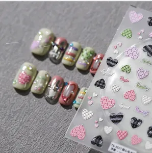 Detailed 3D embossed heart and checkered pattern nail art sticker TS-3517 for manicures