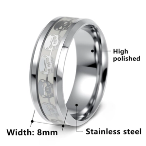 Luminous skull punk ring for men made of 8mm high polished stainless steel