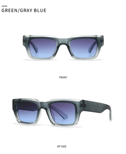 Front and 45-degree side view of square green sunglasses with blue purple gradient lenses