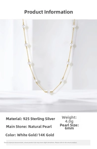 Macro detail of natural freshwater 6mm pearls and 925 sterling silver chain