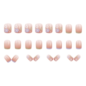 Short square press-on nails with pink gradient and cute flower patterns, 24 piece set