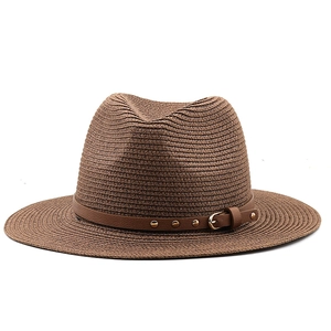 Classic brown straw fedora sun hat with leather belt and golden buckle for summer fashion