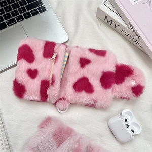 Pink plush heart-shaped organizer bag with metal zipper and soft faux fur texture