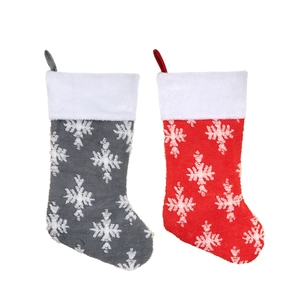 Christmas plush stocking set with snowflake pattern in red and grey for holiday decor