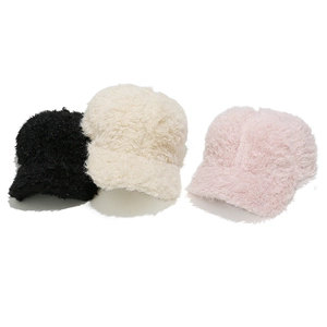 Three plush faux fur baseball caps in black beige and pink for winter warmth