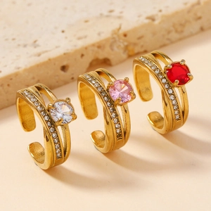 Luxury gold plated stainless steel open rings with round white pink and red gemstones