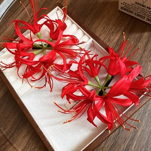 Detailed close-up of a pair of red Lycoris hair clips on soft white velvet padding