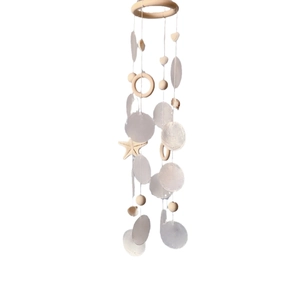Moon shaped wooden shell wind chime with natural starfish for seaside home wall decor