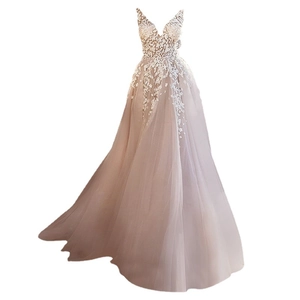 Champagne V-neck A-line wedding dress with delicate 3D floral lace embroidery and tulle