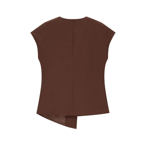 Detail of dark brown sleeveless top featuring a unique asymmetric hem and slim fit cut