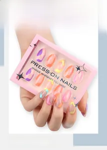 Close-up of pink gift box holding colorful ombre wavy short almond press-on nails