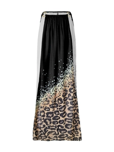 Detail of leopard print mesh maxi skirt with elegant gold ring waist ornament