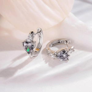Heart Zircon Ear Buckle Copper Grey Crystal Piercing Hoop Earring Refined Retro Style Ear Bone Stud For Women Accessory