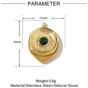 Macro view of gold stainless steel round pendant with green malachite stone and dimensions