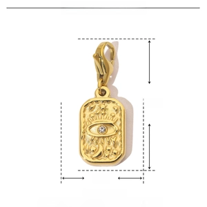 Detail view of gold Evil Eye charm with lobster clasp showing dimensions 26mm by 9mm