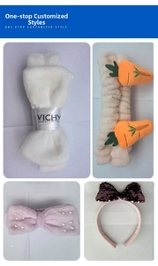 Detail showing four different soft plush hairbands with decorative bow and carrot patterns