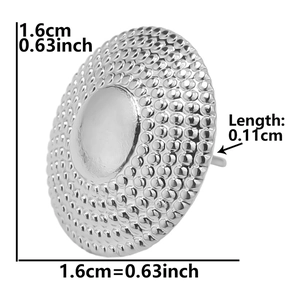 Detailed view of round stainless steel earring with hammer texture and 1.6cm dimensions