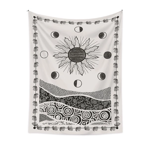 Nordic wall tapestry with sun and moon phases in minimalist black and white style