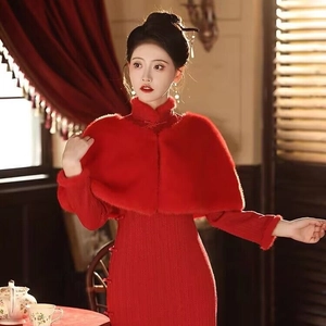 Elegant red faux fur bridal shawl and cape for evening dresses and winter weddings