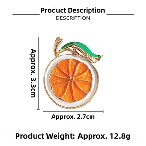 Detailed size view of an orange slice enamel brooch showing 3.3cm height and 2.7cm width