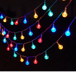 Detail of colorful spherical LED globe string lights with crackle design for camping