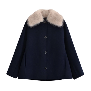 Navy blue wool coat with a thick beige faux fur collar and single-breasted brown buttons