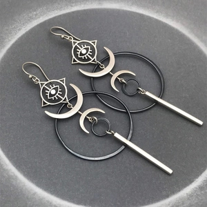 Boucles d'oreilles bohèmes vintage en argent avec œil mystique et breloques lune
