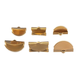 Detailed view of gold stainless steel ribbon end crimp connectors in two sizes for DIY jewelry