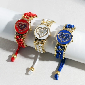 Three heart-shaped women's quartz watches with rhinestone dials and woven rope bands