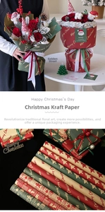 Rolls of Christmas kraft paper featuring festive reindeer and tree patterns for gift wrapping