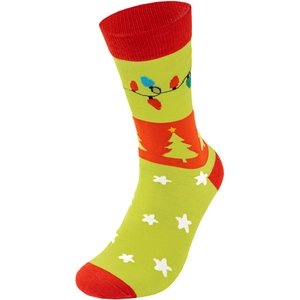 Detail of Christmas crew socks with colorful light bulb patterns and knitted texture