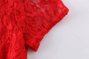 Macro shot of red floral lace detailing on the sleeve edge of a stylish dress