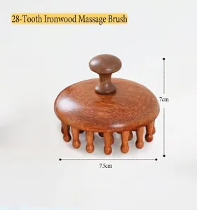 Detail view of 28-tooth sandalwood scalp massage brush with 7.5cm diameter and 7cm height